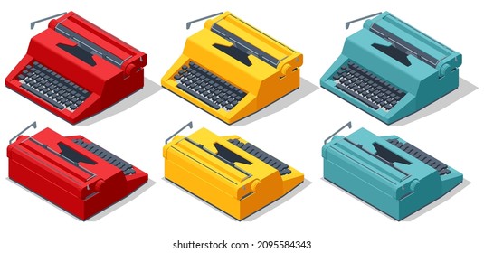 Máquina y papeles vintage isométricos. Máquina de escribir en estilo retro. Día Mundial del Escritor.