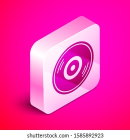 Isometric Vinyl disk icon isolated on pink background. Silver square button. Vector Illustration