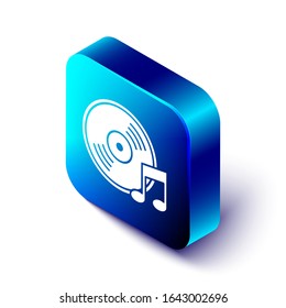 Isometric Vinyl disk icon isolated on white background. Blue square button. Vector Illustration