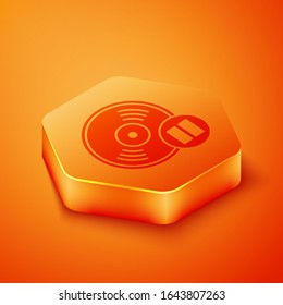 Isometrisches Vinyl-Scheibensymbol einzeln auf orangefarbenem Hintergrund. Orangefarbene Hexagon-Taste. Vektorillustration-Illustration
