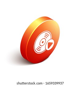 Isometrisches Vinyl-Scheibensymbol einzeln auf weißem Hintergrund. orangefarbene Kreistaste. Vektorillustration-Illustration