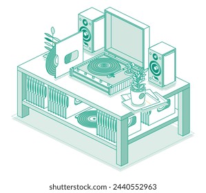 Vinilo isométrico LP grabador con disco. Mesa con grabadora y dos altavoces. Sistema estéreo. Objetos aislados sobre fondo blanco. Mesa con un estante sobre el que se encuentran los discos de vinilo. Ilustración vectorial.