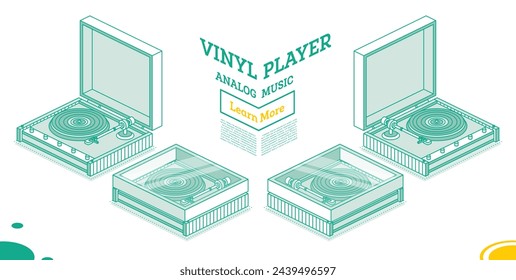 Isometric vinyl player with disk and cover. Vector illustration. Object isolated on white background. Vinyl recorder. 3d element in outline style.