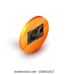 Isometric Vinyl player with a vinyl disk icon isolated on white background. Orange circle button. Vector Illustration