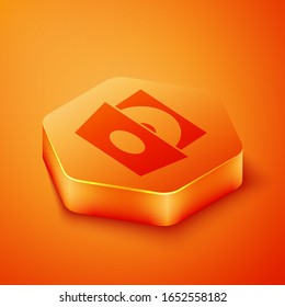 Isometric Vinyl player with a vinyl disk icon isolated on orange background. Orange hexagon button. Vector Illustration
