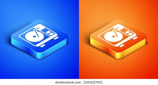 Isometric Vinyl player with a vinyl disk icon isolated on blue and orange background. Square button. Vector