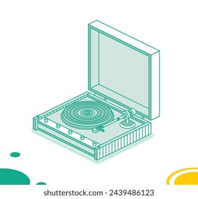 Isometric vinyl player. Vector illustration. Object isolated on white background. Vinyl recorder. 3d element in outline style.