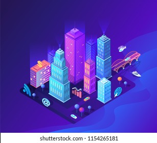 Isometric violet future city technology  vector illustration