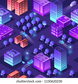 Isometric violet purple background city urban seamless pattern of building house skyscraper architecture ultraviolet vector illustration