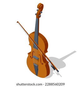 Isometric violin with fiddlestick isolated on a white background. Classical stringed musical instrument. Brown violin and bow