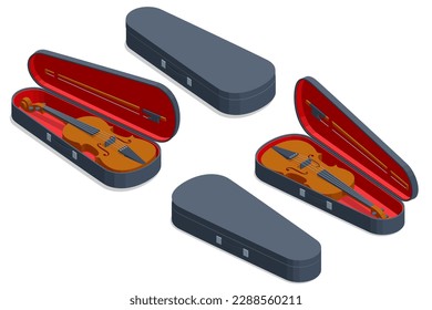 Isometric violin with fiddlestick isolated on a white background. Classical stringed musical instrument. Brown violin and bow