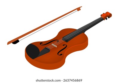 Isometric violin and string bow musical instrument top view. Classical viola instrument aerial view. Realistic 3D vector concept isolated on white background