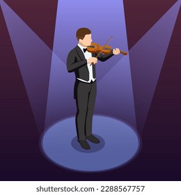 Isometric violinist. Man playing the violin. Classical stringed musical instrument. Brown violin and bow.