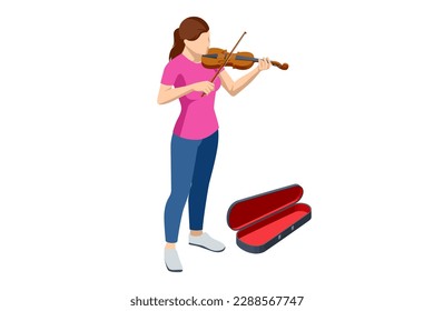 Isometric violinist. Woman playing the violin. Classical stringed musical instrument. Brown violin and bow