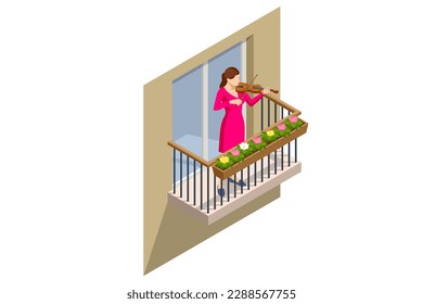 Isometric violinist. Woman playing the violin. Classical stringed musical instrument. Brown violin and bow