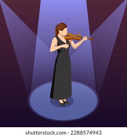 Isometric violinist. Woman playing the violin. Classical stringed musical instrument. Brown violin and bow