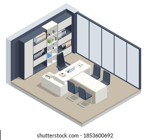 Isometric VIP office furniture. CEO office interior with a wooden table, a computer. Interior of stylish conference room