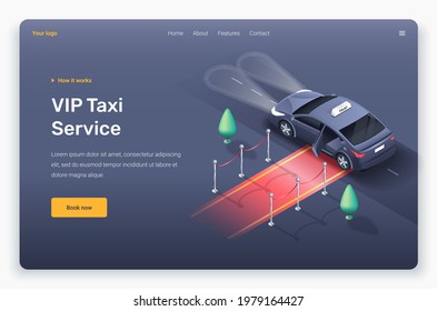 Isometric vip taxi, red carpet, trees and fencing. Landing page template. 