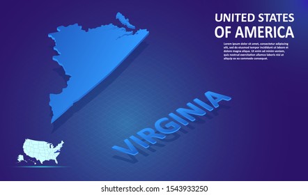 Isometric VIRGINIA State map on blue and glowing background. 3D Detailed Map in perspective with place for your text or description.Technology Information Graphic Elements for Website, app, UI, Travel