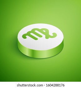 Isometric Virgo zodiac sign icon isolated on green background. Astrological horoscope collection. White circle button. Vector Illustration