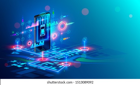 Interfaz virtual abstracta isométrica del sistema de camión inteligente y navegador gps en la pantalla colgante del smartphone sobre la ciudad del mapa digital. Concepto de servicio de Camión compartido. Aplicación móvil del automóvil.
