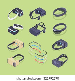 Isometric virtual and augmented reality headsets. The objects are located on the green background and shown from two sides