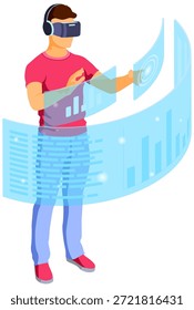 Isometric Virtual Augmented Reality Man wearing virtual reality glasses with augmented reality touches transparent screens. isometric future technology. isolated vector illustration. landing page template