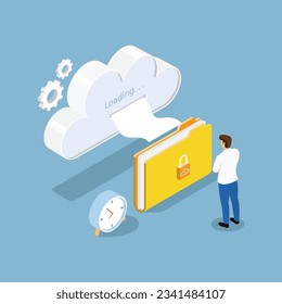 Isometrische virtuelle Datenspeicherung. Geschäftsleute laden Medieninhalte aus Wolken. Illustrator-Vektorgrafik