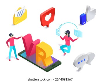 Isometric virtual love. Man and woman in virtual reality glasses communicating using smartphone. Male and female characters having online relationships. Network icons with mobile phone vector