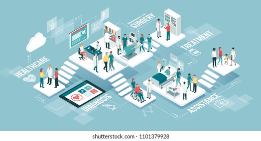 Isometric virtual medical clinic with rooms, patients and doctors: medicine, healthcare and technology concept