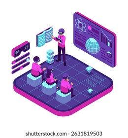 Aula virtual de metaverso isométrico con profesor y estudiantes. Metaverse Classroom y la realidad virtual para el concepto de Educación
