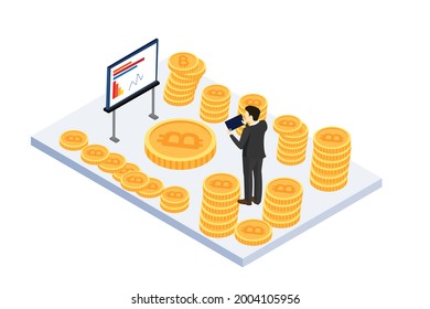 Isometric virtual office business man is working with bitcoin make money vector design.