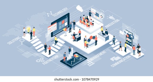 Isometric virtual office with business people working together and mobile devices: business management, online communication and finance concept - Shutterstock ID 1078470929