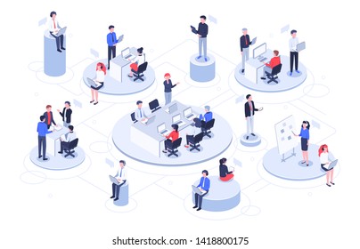 Isometric virtual office. Business people working together, technology companies workspace and teamwork platforms vector illustration