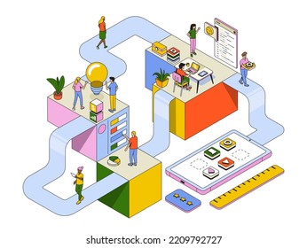 Isometric Virtual Office With Business People Working Together On App Development. Business Management, Research, Interview, Design And Programing. Vector Illustration