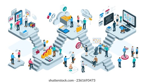 isometric virtual office with business people working in a team, in color on a white background, business platform or well-coordinated team of professionals