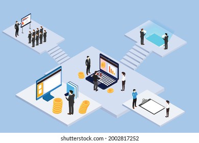 Oficina virtual isométrica con diseño vectorial de hombre de negocios.