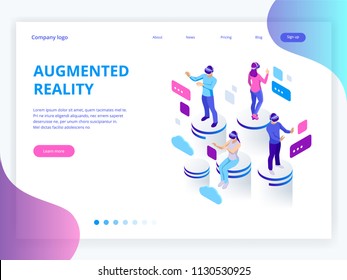 Isometric Virtual Reality, Augmented Reality Concept. Men And Woman Wearing Virtual Reality Glasses. Work, Learning And Entertaining. Vector Illustration.