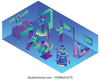 Isometric virtual reality composition with indoor view of vr computer club with wearable devices and attractions vector illustration