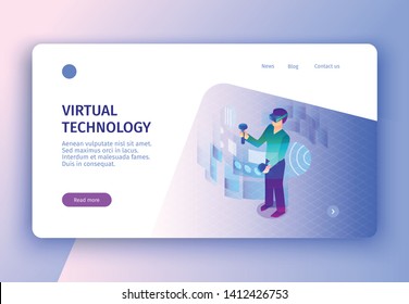 Isometric virtual reality concept banner with images clickable links read more button and editable text description vector illustration