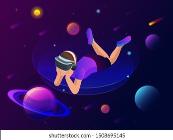 Isometric virtual reality concept. A boy in virtual reality glasses looks at planets, comets and stars, space exploration.
