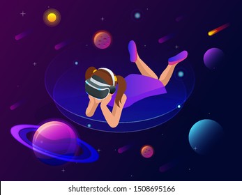 Isometric virtual reality concept. A girl in virtual reality glasses looks at planets, comets and stars, space exploration.
