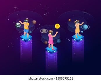 Isometric virtual reality concept. A girls and boy in virtual reality glasses looks at planets, comets and stars, space exploration.