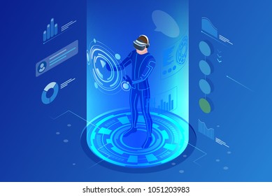 Isometric virtual reality concept. Man wearing virtual reality headset.