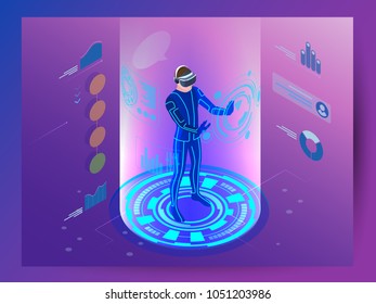 Isometric virtual reality concept. Man wearing virtual reality headset.