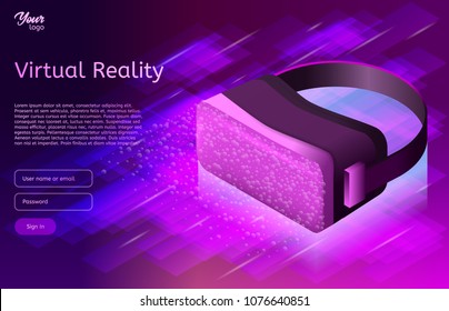 Isometric virtual reality concept in ultraviolet colors. VR headset. Vector illustration of virtual world and simulation