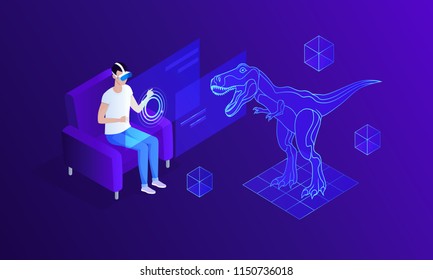 Isometric virtual reality glasses and dinosaur graphic vector illustration