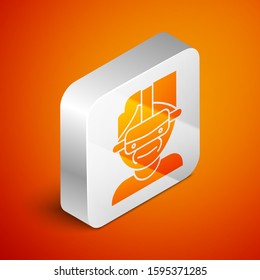 Isometric Virtual reality glasses icon isolated on orange background. Stereoscopic 3d vr mask. Silver square button. Vector Illustration