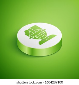 Isometric Virtual reality glasses icon isolated on green background. Stereoscopic 3d vr mask. White circle button. Vector Illustration