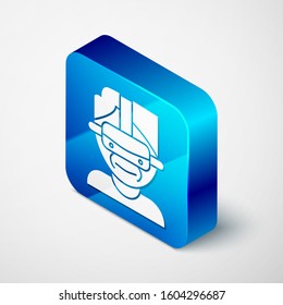 Isometric Virtual reality glasses icon isolated on white background. Stereoscopic 3d vr mask. Blue square button. Vector Illustration